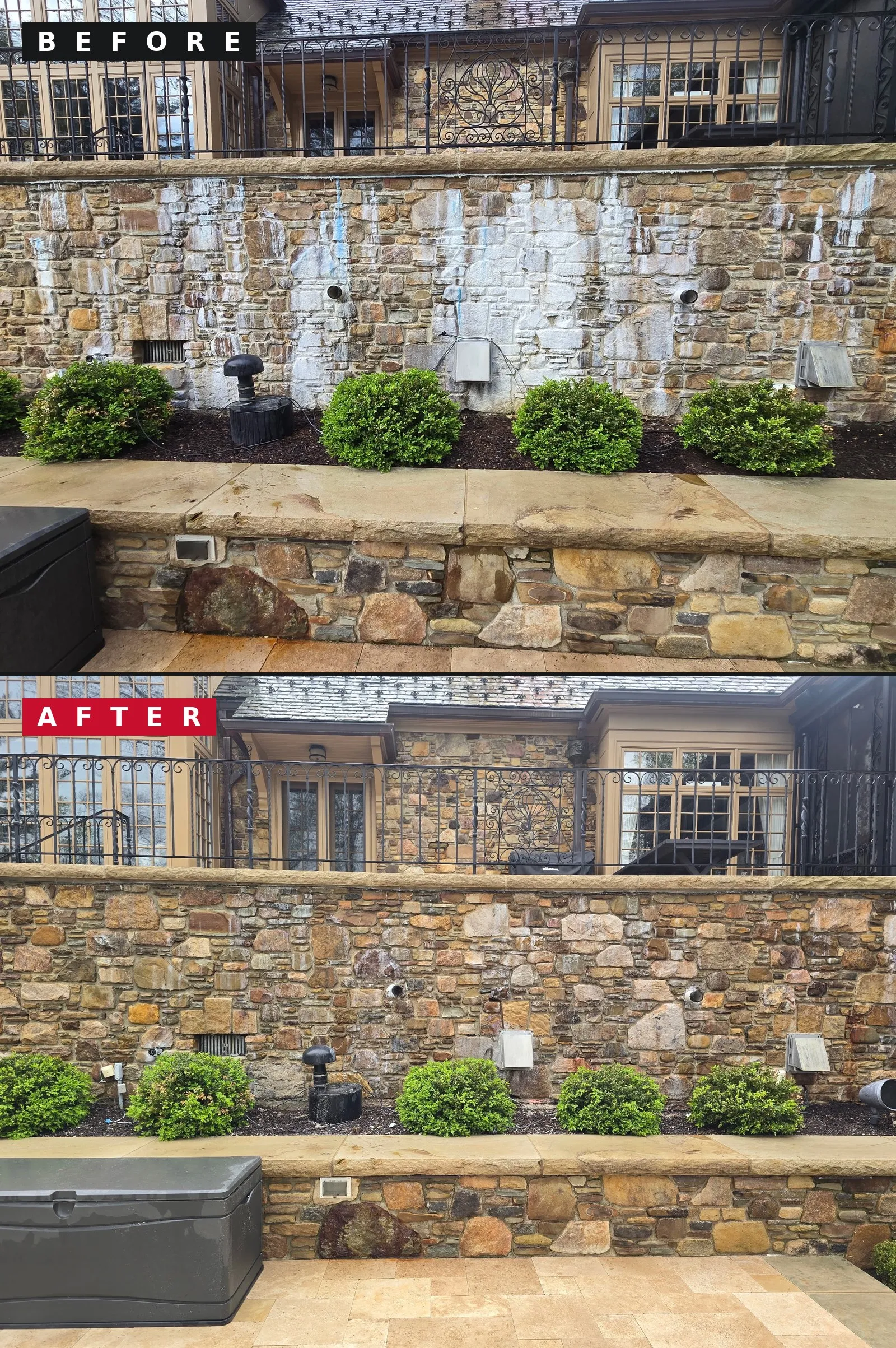 Before: a Hunting Valley, OH stone wall dulled by years of mineral staining and algae